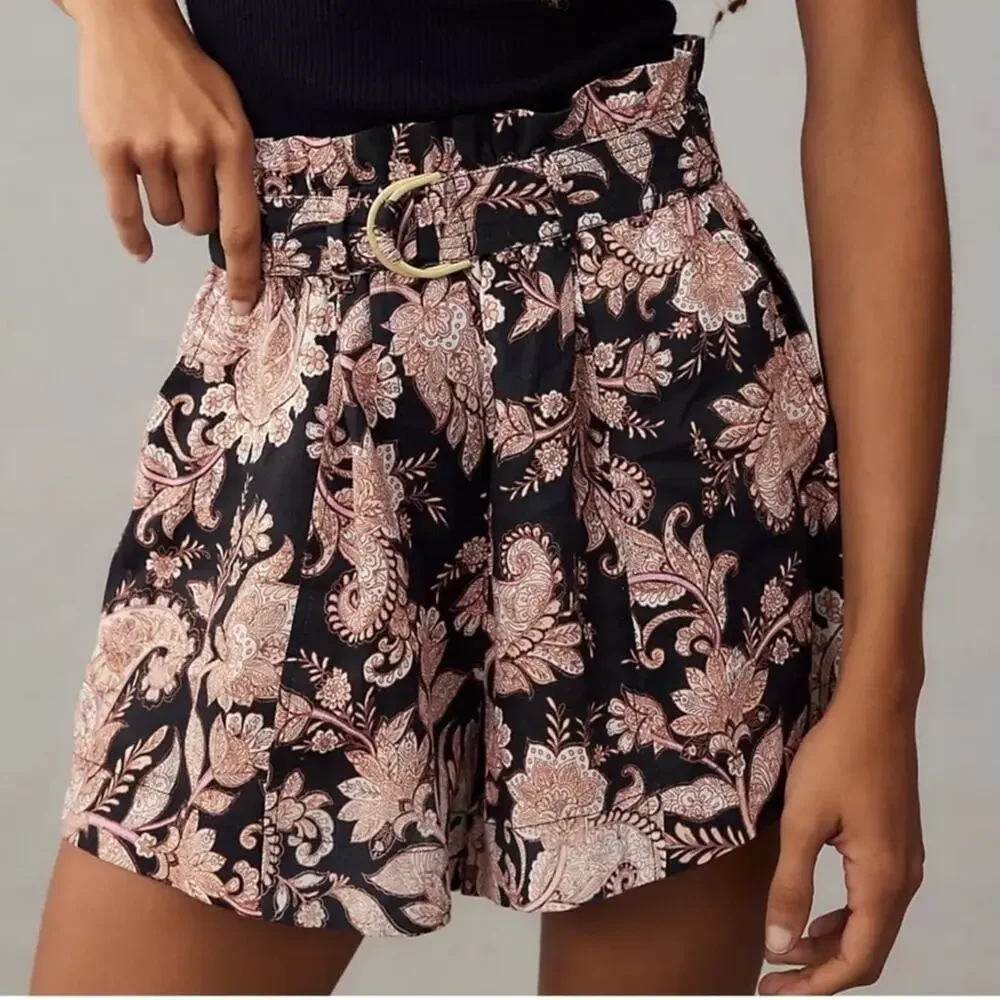 NWT Kivari Layla Black Paisley Linen High Waisted Paperbag Belted Shorts